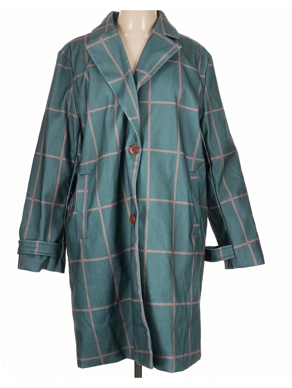 Vintage Inspired Green Windowpane Plaid Long Trench Coat Size L Overcoat